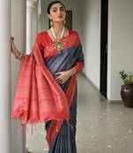 blue solid tussar silk saree with blouse