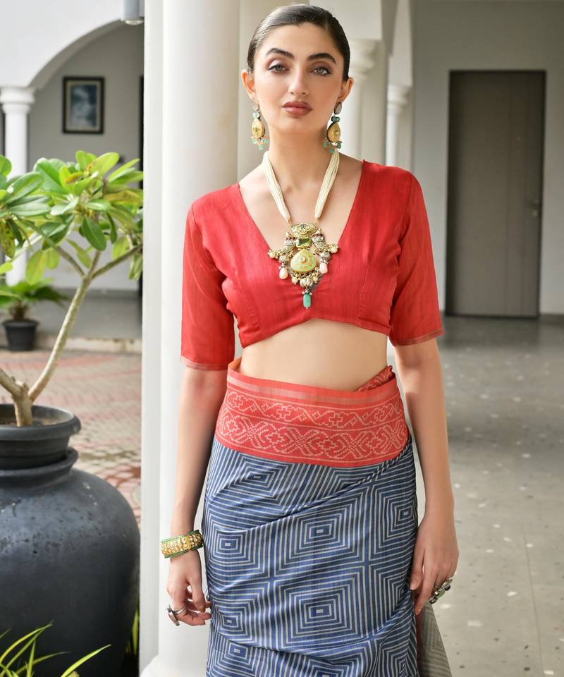 blue solid tussar silk saree with blouse