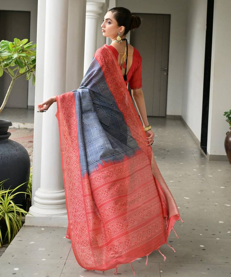 blue solid tussar silk saree with blouse
