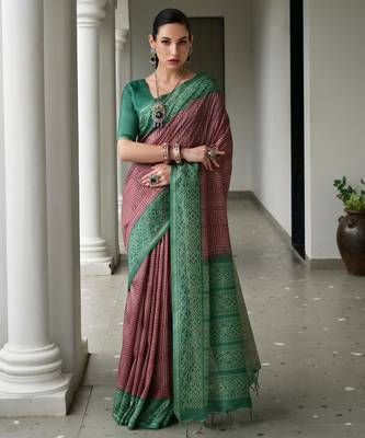 brown solid tussar silk saree with blouse 1
