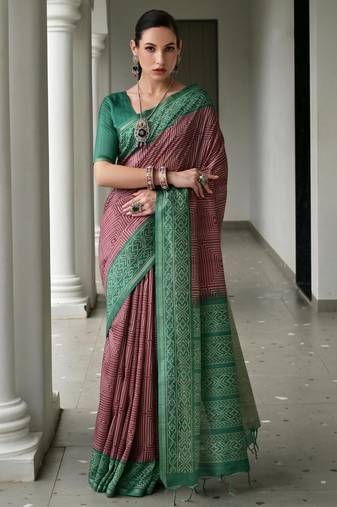 brown solid tussar silk saree with blouse