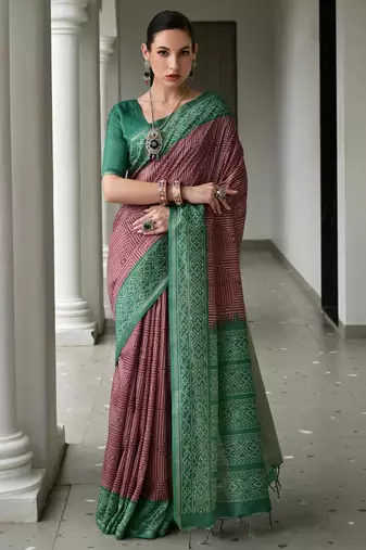 brown solid tussar silk saree with blouse