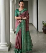 brown solid tussar silk saree with blouse