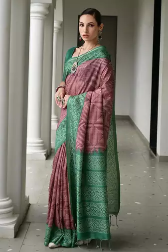 brown solid tussar silk saree with blouse