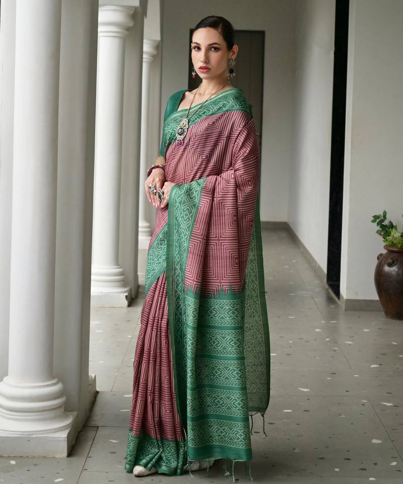 brown solid tussar silk saree with blouse