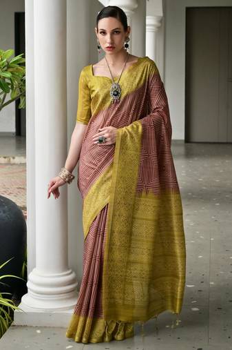 Green solid tussar silk saree with blouse