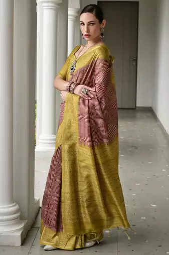 Green solid tussar silk saree with blouse