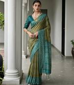 green solid tussar silk saree with blouse
