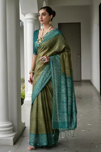 green solid tussar silk saree with blouse