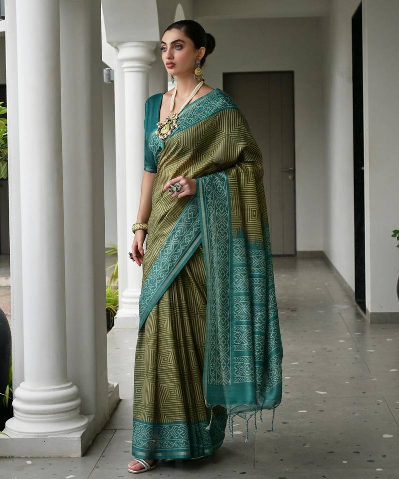 green solid tussar silk saree with blouse