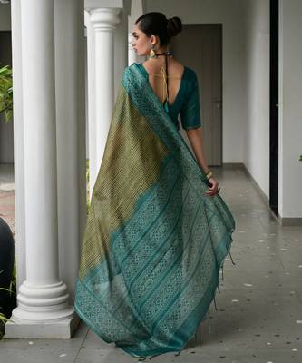 green solid tussar silk saree with blouse 3