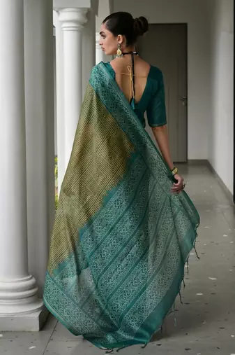 green solid tussar silk saree with blouse