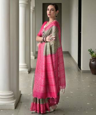 pink solid tussar silk saree with blouse 2