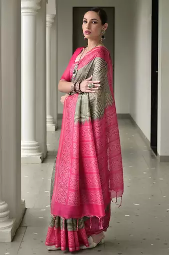 pink solid tussar silk saree with blouse