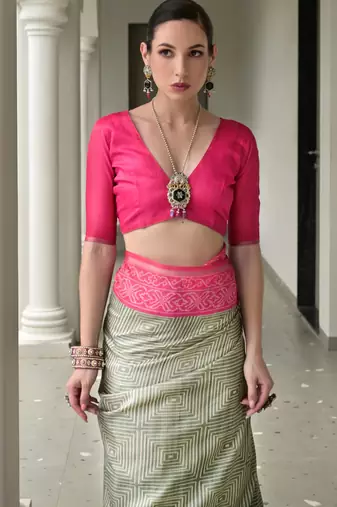 pink solid tussar silk saree with blouse