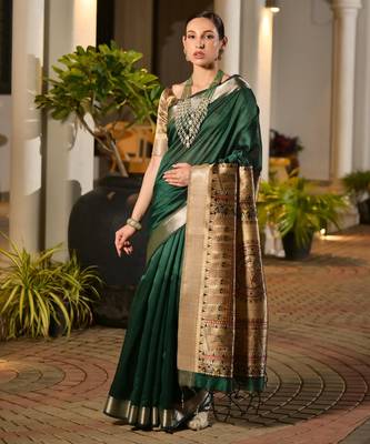 green solid raw silk blend saree with blouse 1