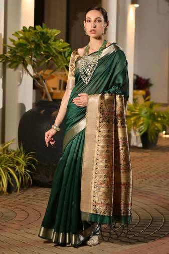 green solid raw silk blend saree with blouse