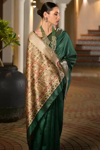 green solid raw silk blend saree with blouse
