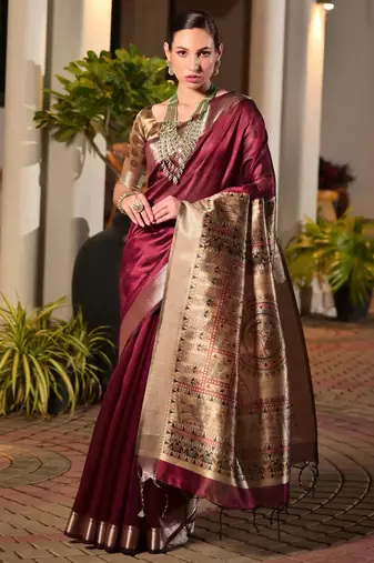 maroon solid raw silk blend saree with blouse