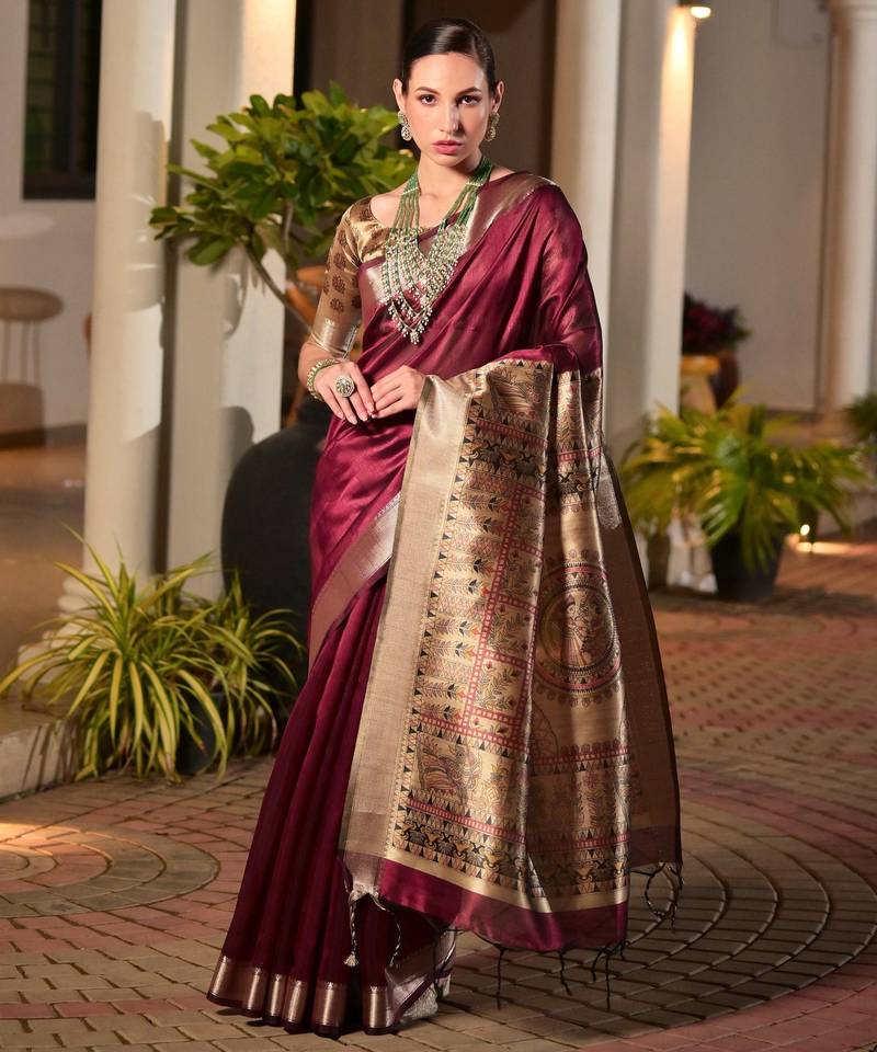maroon solid raw silk blend saree with blouse