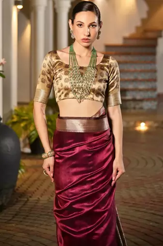 maroon solid raw silk blend saree with blouse