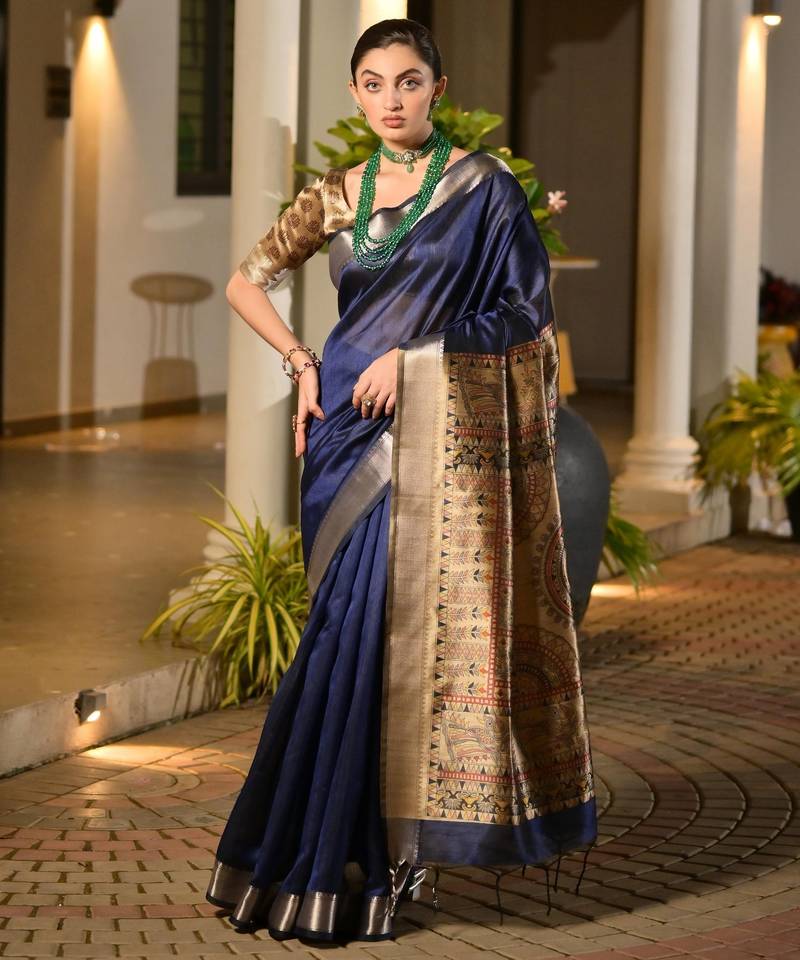 navy blue solid raw silk blend saree with blouse