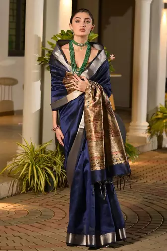 navy blue solid raw silk blend saree with blouse