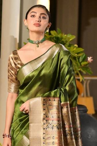 parrot green solid raw silk blend saree with blouse