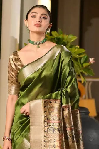 parrot green solid raw silk blend saree with blouse