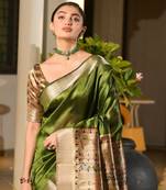 parrot green solid raw silk blend saree with blouse