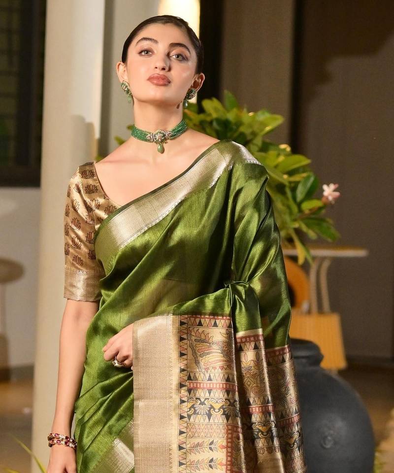 parrot green solid raw silk blend saree with blouse