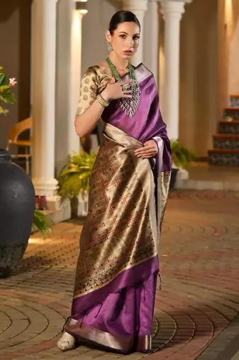 purple solid raw silk blend saree with blouse
