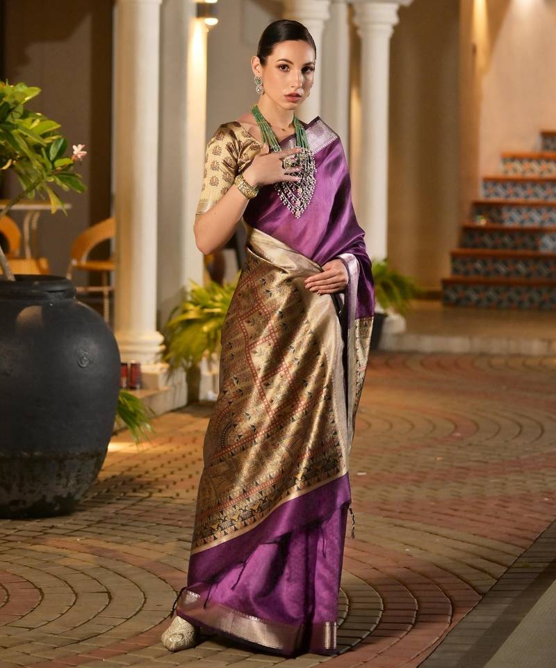 purple solid raw silk blend saree with blouse