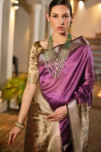 purple solid raw silk blend saree with blouse