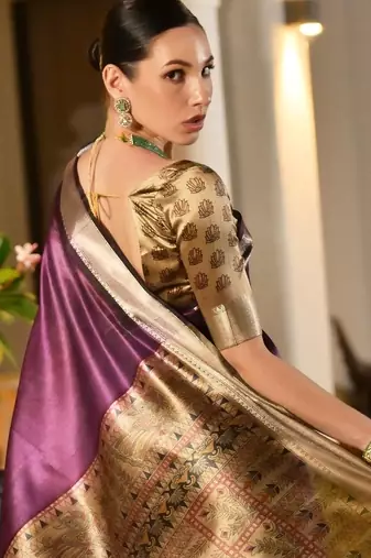 purple solid raw silk blend saree with blouse