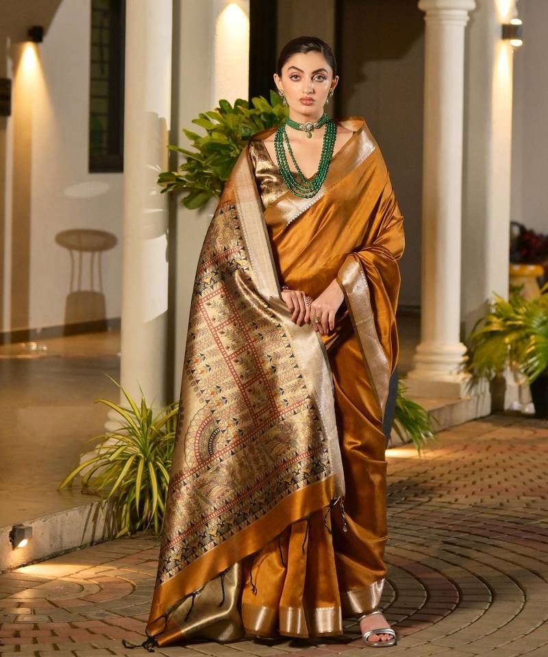 gold solid raw silk blend saree with blouse