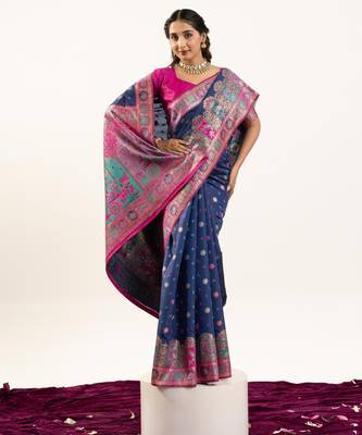 Blue solid silk blend saree with blouse 1