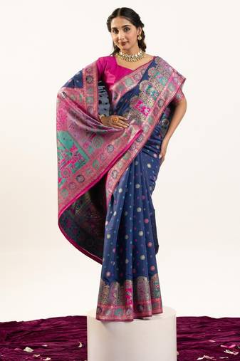 Blue solid silk blend saree with blouse