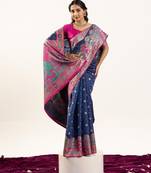 Blue solid silk blend saree with blouse