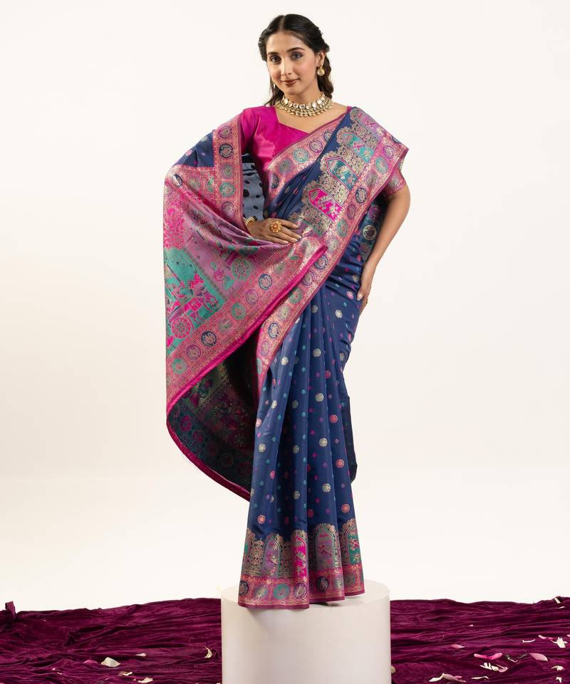 Blue solid silk blend saree with blouse