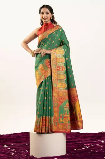 Green solid silk blend saree with blouse