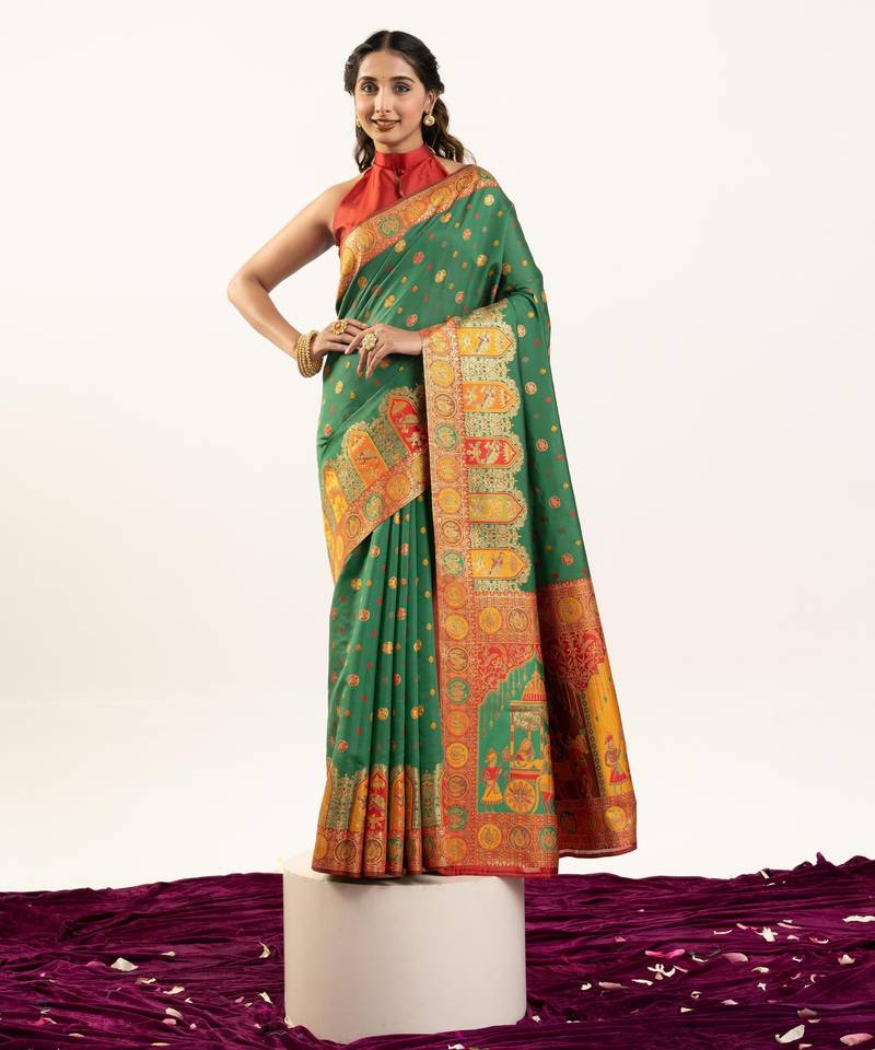 Green solid silk blend saree with blouse