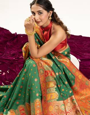 Green solid silk blend saree with blouse 3