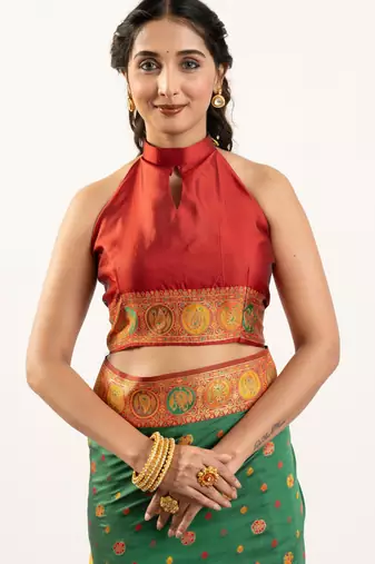 Green solid silk blend saree with blouse