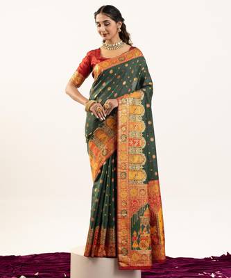 Green solid silk blend saree with blouse 1
