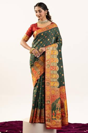 Green solid silk blend saree with blouse