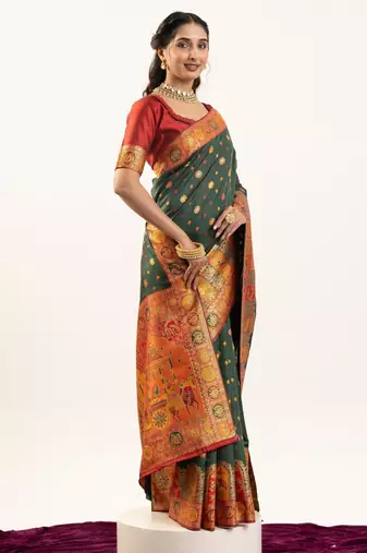 Green solid silk blend saree with blouse