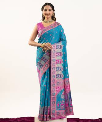 Blue solid silk blend saree with blouse 1