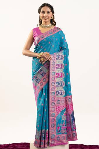 Blue solid silk blend saree with blouse
