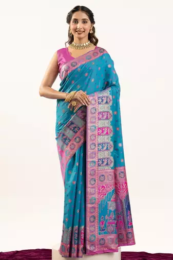 Blue solid silk blend saree with blouse